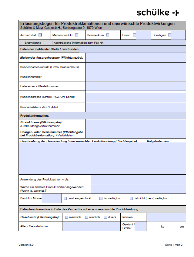 Erfassungsbogen für Produktreklamationen und unerwünschte Produktwirkungen