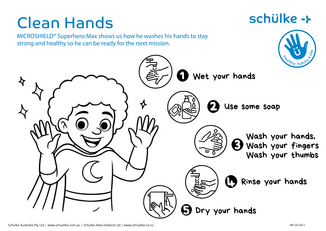 MICROSHIELD Superhero Max washes his hands