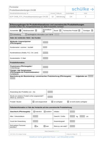 Meldebogen für Produktreklamationen und unerwünschte Produktwirkungen