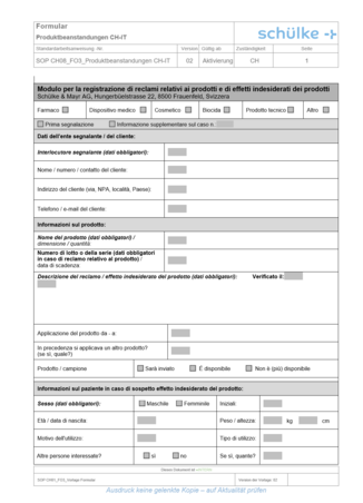 Meldebogen für Produktreklamationen und unerwünschte Produktwirkungen