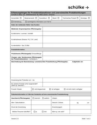 Meldebogen für Produktreklamationen und unerwünschte Produktwirkungen