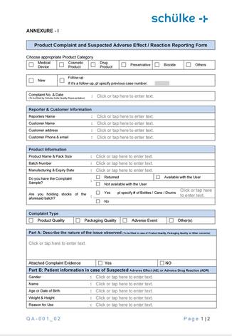 Report form for product complaints and adverse product effects