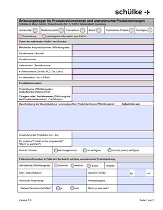 Report form for product complaints and adverse product effects